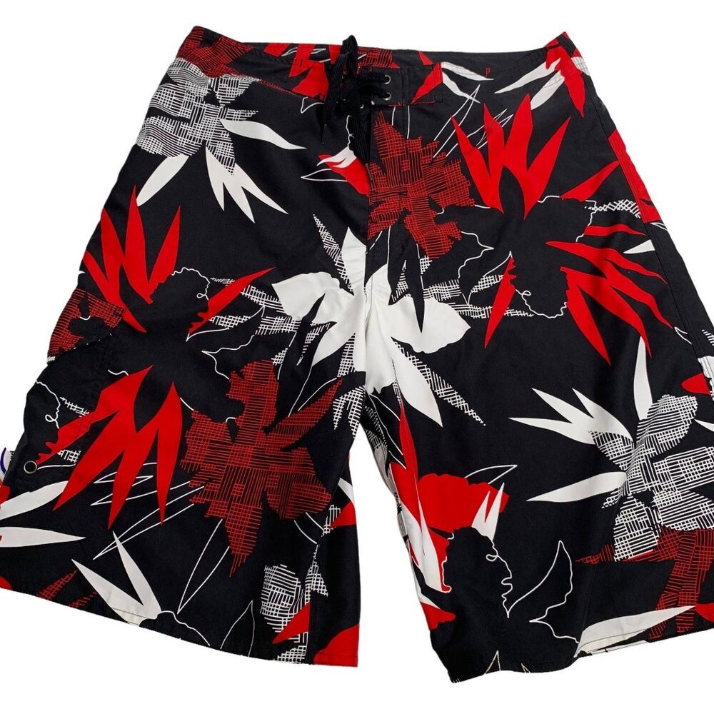 First Wave Board Shorts Swim Trunks 34 Black Red Floral Hook Loop Drawstring